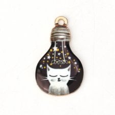 28x17mm Enamel White Cat in Bulb Pendant - Gold Plated - 1pc