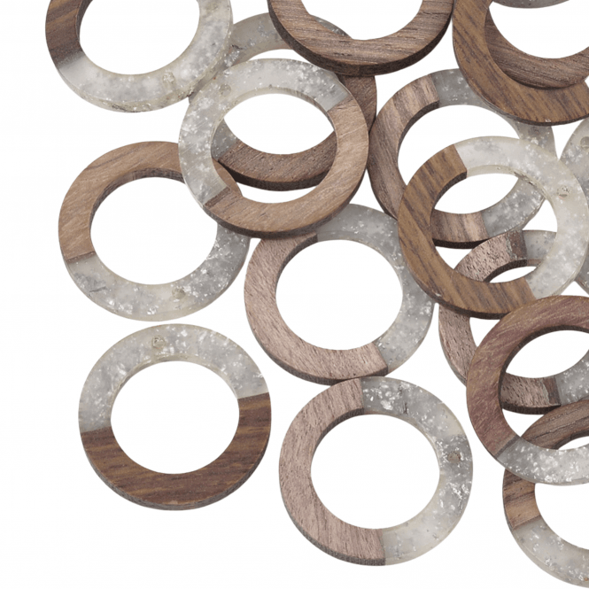28x3mm Resin & Walnut Ring Pendant - Walnut/Clear Glitter - 2pc