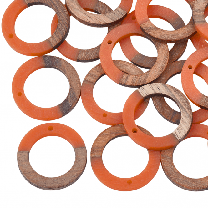 28x3mm Resin & Walnut Ring Pendant - Walnut/Orange - 2pc