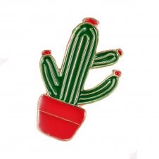 31x20mm Enamel Cactus / Red Pot Brooch with Pin - Gold Plated - 1pc