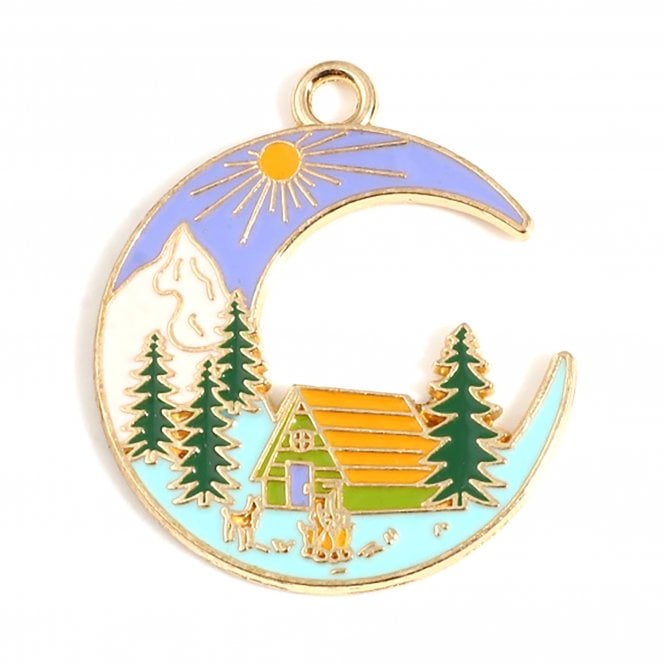 32x28mm Enamel Half Moon/Log Cabin Pendant - Gold Plated - 1pc