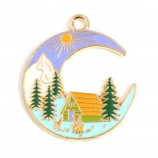 32x28mm Enamel Half Moon/Log Cabin Pendant - Gold Plated - 1pc