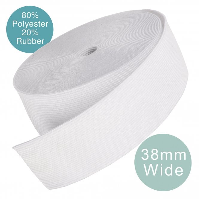 38mm (1.5 inch) Wide Flat Woven Elastic - White - 6 metre pack