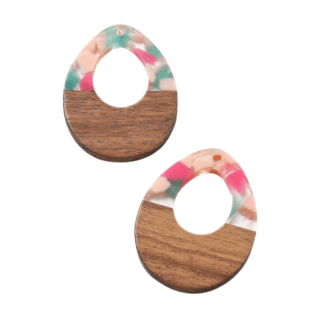 38x28x3mm Resin & Walnut Pear Pendant - Walnut/Pink - 2pc