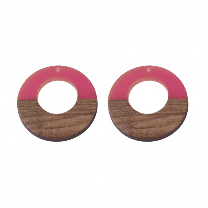 38x3mm Resin & Walnut Ring Pendant - Walnut/Hot Pink - 2pc