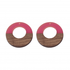 38x3mm Resin & Walnut Ring Pendant - Walnut/Hot Pink - 2pc