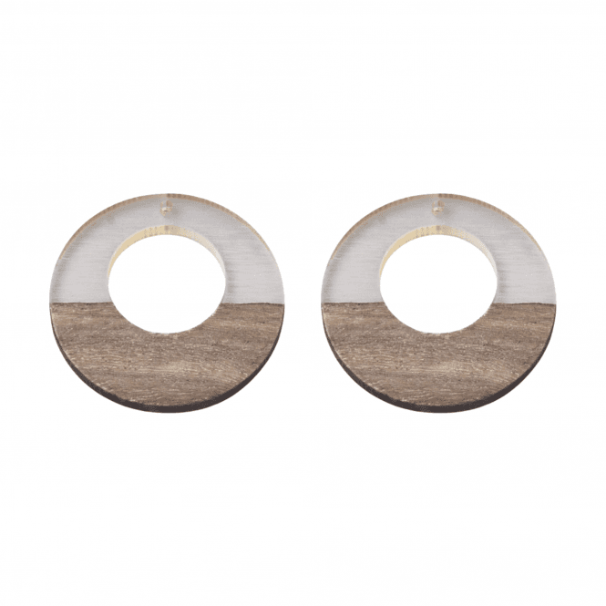 38x3mm Resin & Walnut Ring Pendant - Walnut/White Smoke - 2pc