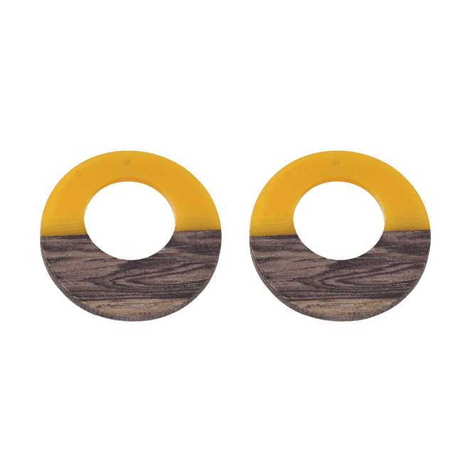 38x3mm Resin & Walnut Ring Pendant - Walnut/Yellow - 2pc