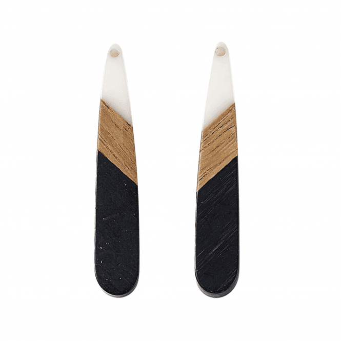 44x7mm Resin & Walnut Teardrop Pendant - Black/White - 2pc