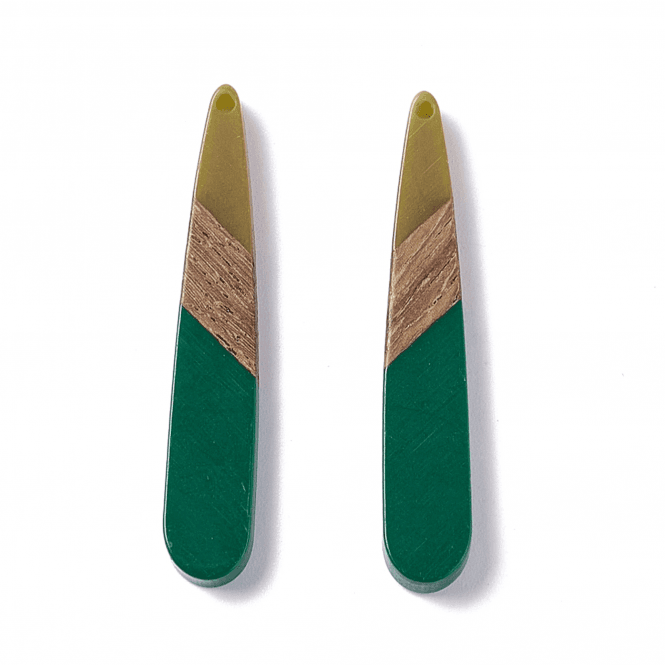 44x7mm Resin & Walnut Teardrop Pendant - Dark Lime/Green - 2pc