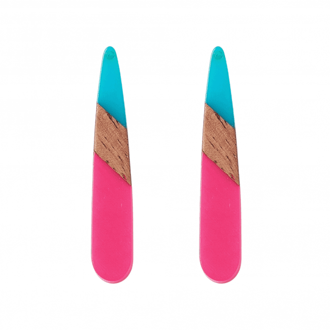 44x7mm Resin & Walnut Teardrop Pendant - Pink/Blue - 2pc