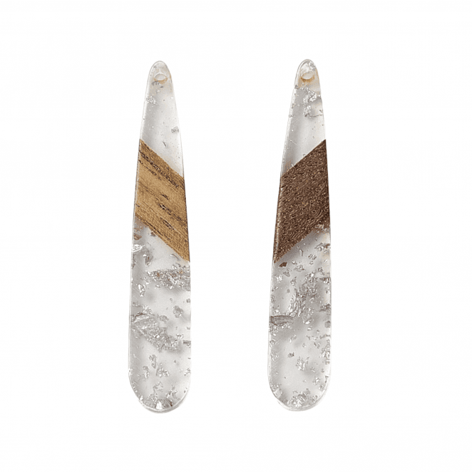 44x7mm Resin & Walnut Teardrop Pendant - Silver/Clear - 2pc
