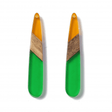 44x7mm Resin & Walnut Teardrop Pendant - Transparent Amber/Green - 2pc