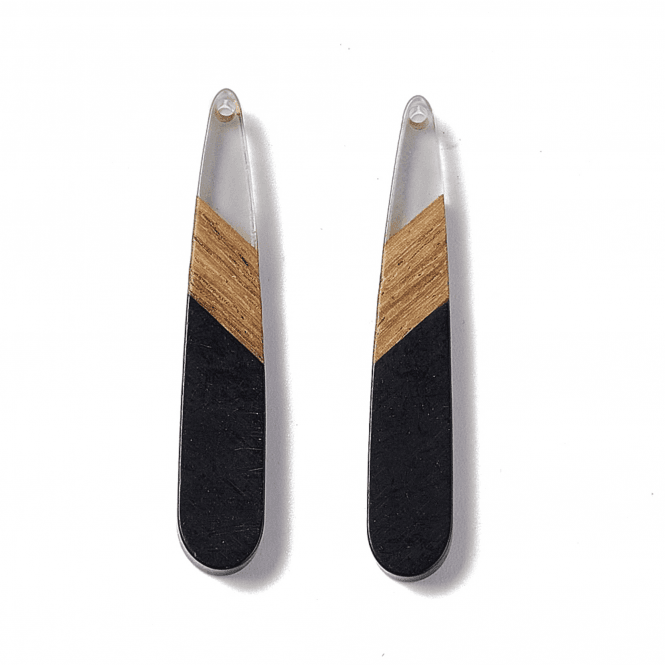 44x7mm Resin & Walnut Teardrop Pendant - Transparent/Black - 2pc