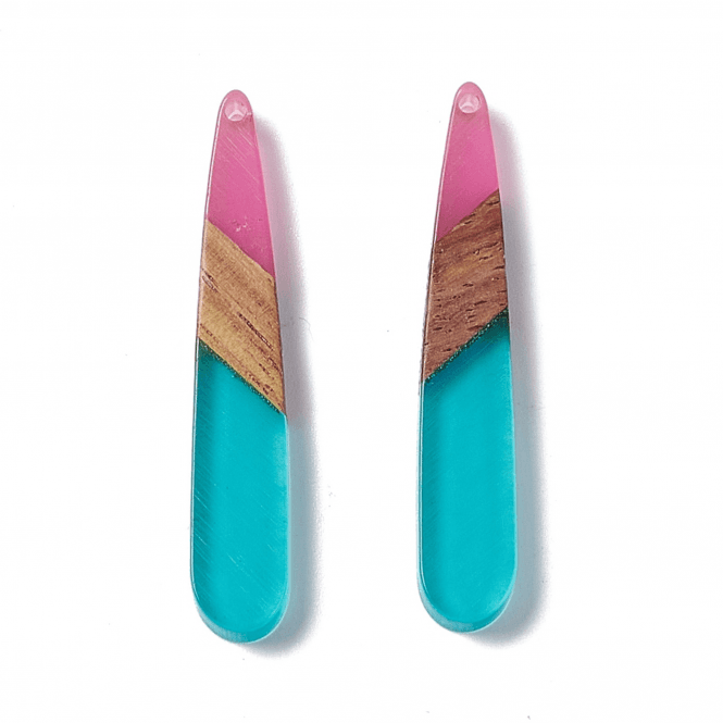 44x7mm Resin & Walnut Teardrop Pendant - Transparent Pink/Teal - 2pc