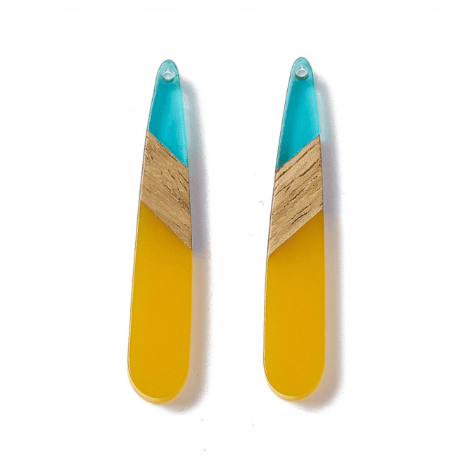 44x7mm Resin & Walnut Teardrop Pendant - Transparent Teal/Yellow - 2pc
