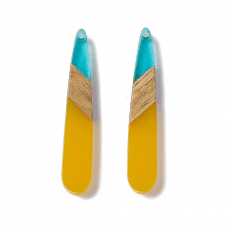 44x7mm Resin & Walnut Teardrop Pendant - Transparent Teal/Yellow - 2pc