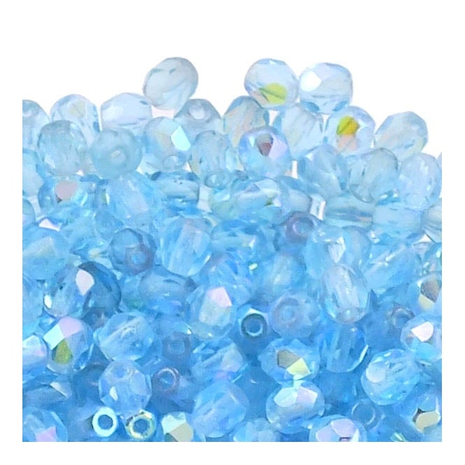 4mm Czech Faceted Round Glass Bead - Aqua AB - 50pk