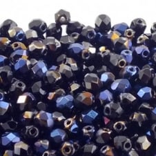 4mm Czech Faceted Round Glass Bead - Blue Iris/Jet - 50pk