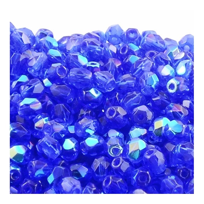 4mm Czech Faceted Round Glass Bead - Cobalt AB - 50pk