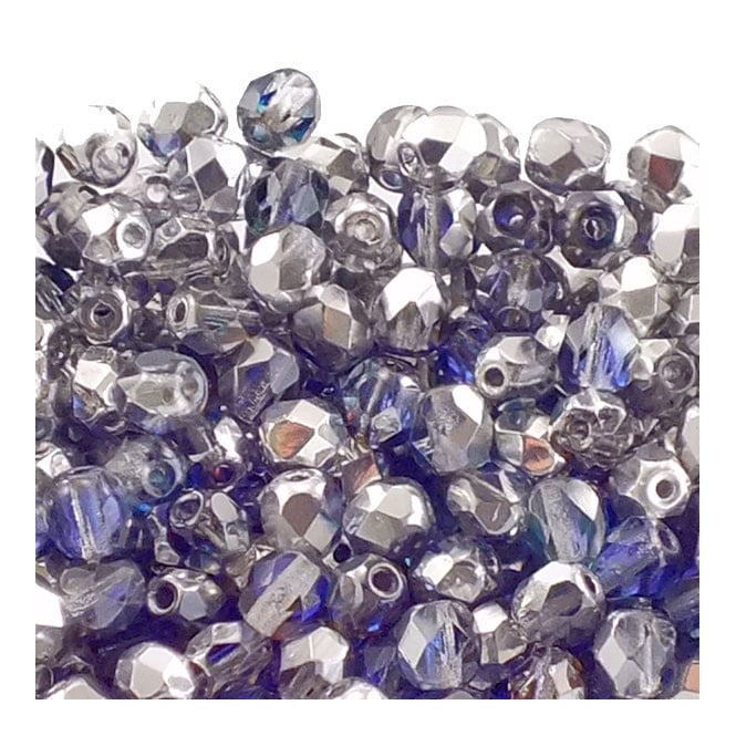 4mm Czech Faceted Round Glass Bead - Crystal/Heliotrope - 50pk