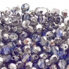 4mm Czech Faceted Round Glass Bead - Crystal/Heliotrope - 50pk