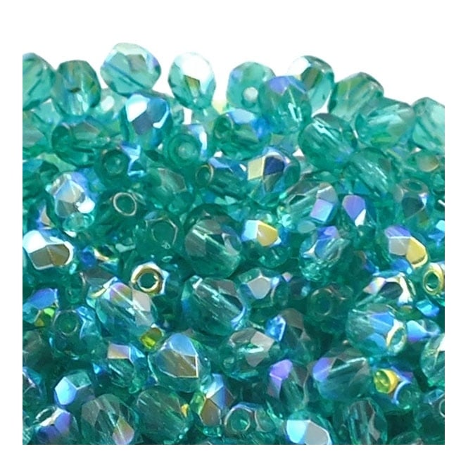 4mm Czech Faceted Round Glass Bead - Emerald AB - 50pcs