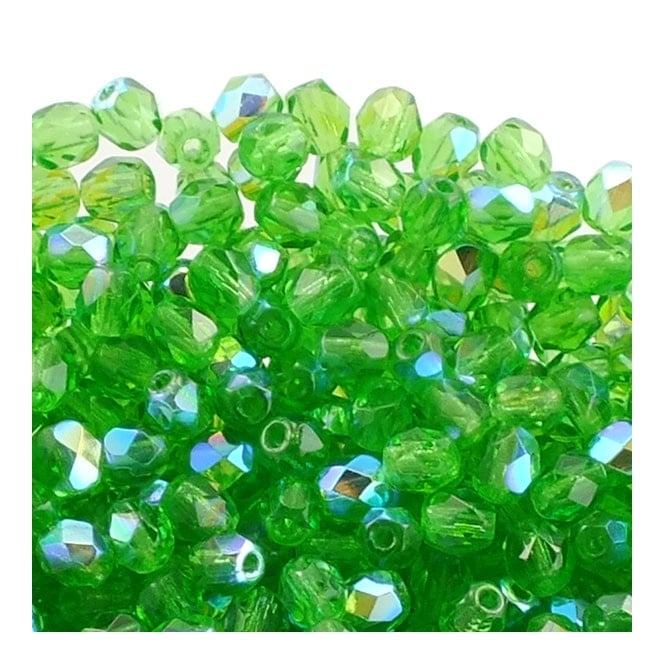 4mm Czech Faceted Round Glass Bead - Green AB - 50pk