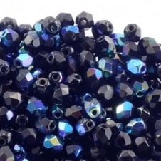 4mm Czech Faceted Round Glass Bead - Jet AB - 50pk