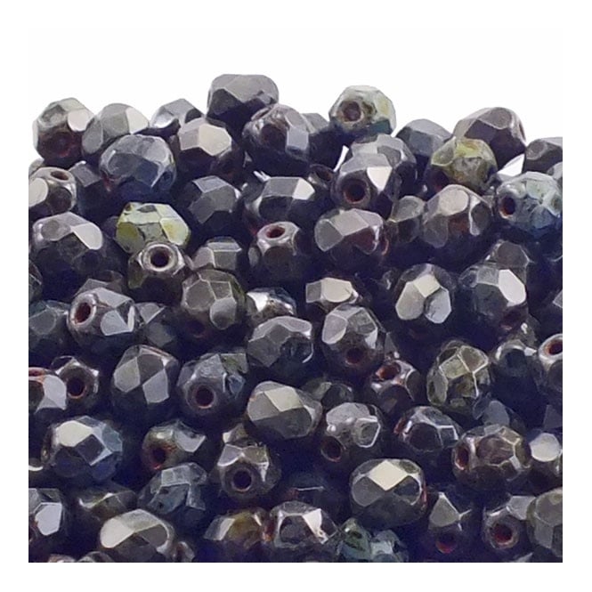 4mm Czech Faceted Round Glass Bead - Jet Picasso - 50pk