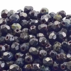 4mm Czech Faceted Round Glass Bead - Jet Picasso - 50pk