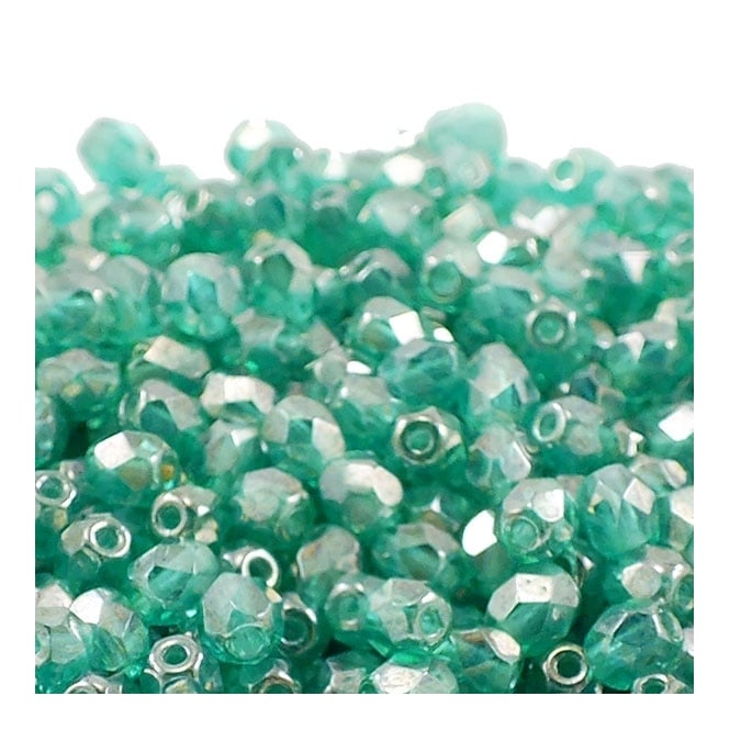 4mm Czech Faceted Round Glass Bead - Lustre Emerald - 50pk