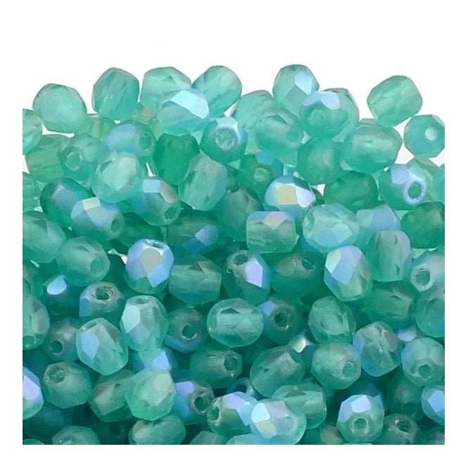 4mm Czech Faceted Round Glass Bead - Matte Emerald AB - 50pcs