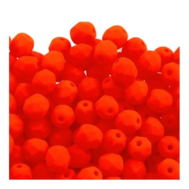 4mm Czech Faceted Round Glass Bead - Neon Orange - 50pk