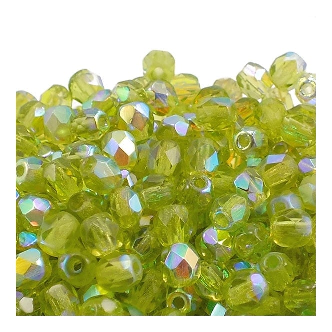 4mm Czech Faceted Round Glass Bead - Olivine AB - 50pk