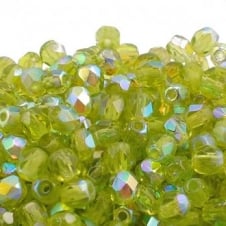 4mm Czech Faceted Round Glass Bead - Olivine AB - 50pk