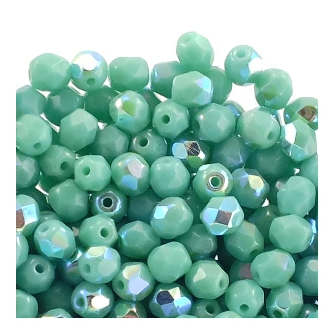 4mm Czech Faceted Round Glass Bead - Opaque Turquoise AB - 50pk