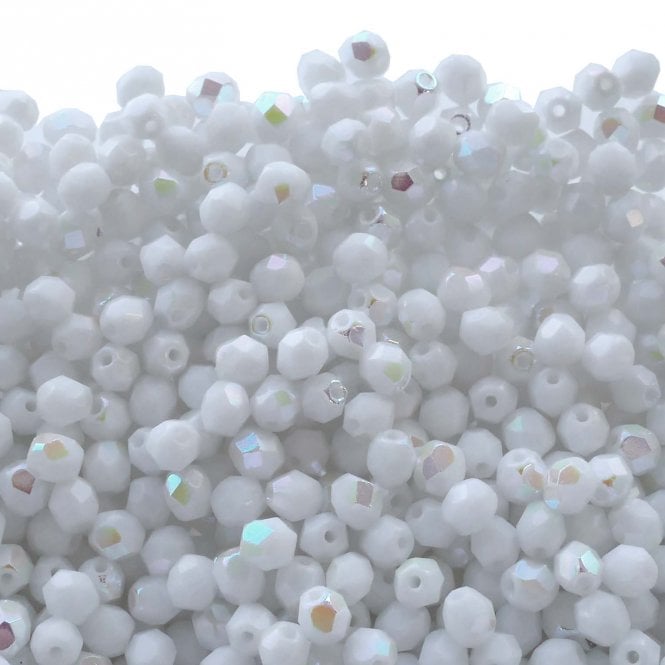 4mm Czech Faceted Round Glass Bead - Opaque White AB - 50pk
