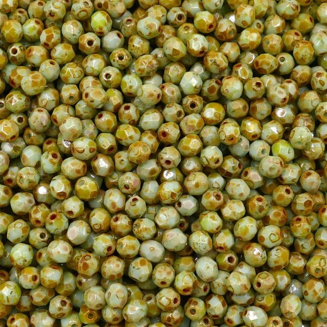 4mm Czech Faceted Round Glass Bead - Picasso Opaque Pale Turquoise - 50pk