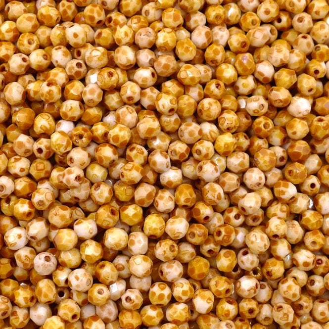 4mm Czech Faceted Round Glass Bead - Picasso Opaque White - 50pk