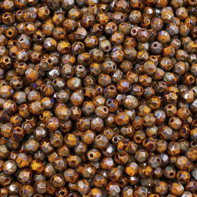 4mm Czech Faceted Round Glass Bead - Picasso Opaque Yellow - 50pk