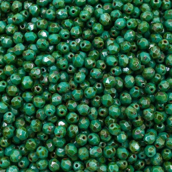 4mm Czech Faceted Round Glass Bead - Picasso Persian Turquoise - 50pk