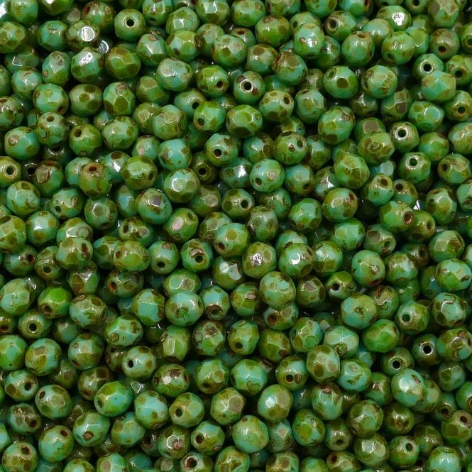 4mm Czech Faceted Round Glass Bead - Picasso Turquoise - 50pk