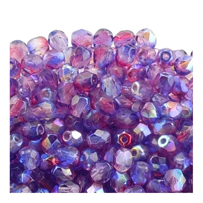 4mm Czech Faceted Round Glass Bead - Pink/Blue AB - 50pk