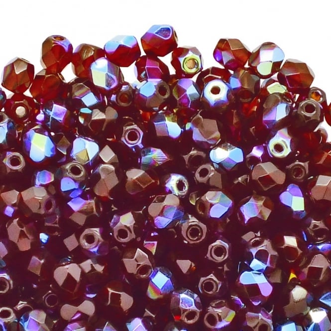 4mm Czech Faceted Round Glass Bead - Ruby AB - 50pk