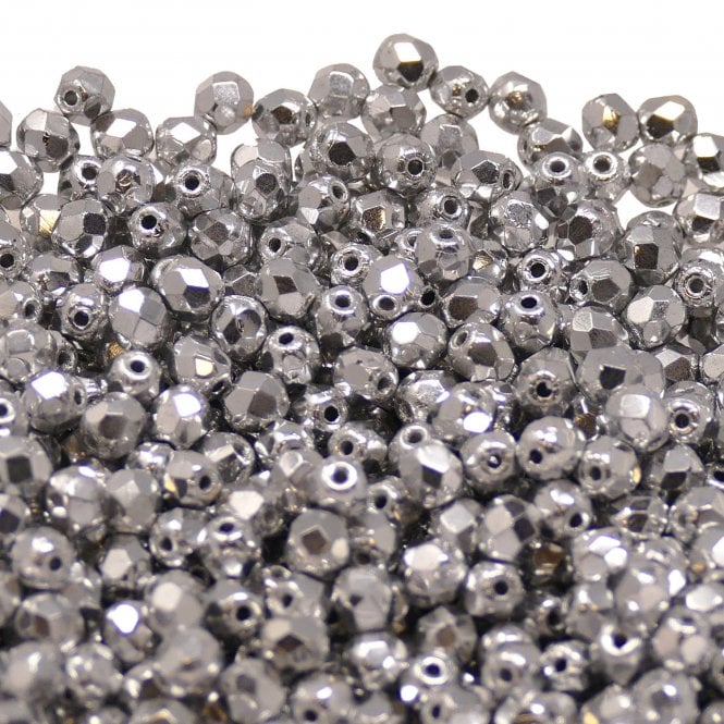 4mm Czech Faceted Round Glass Bead - Silver - 50pk
