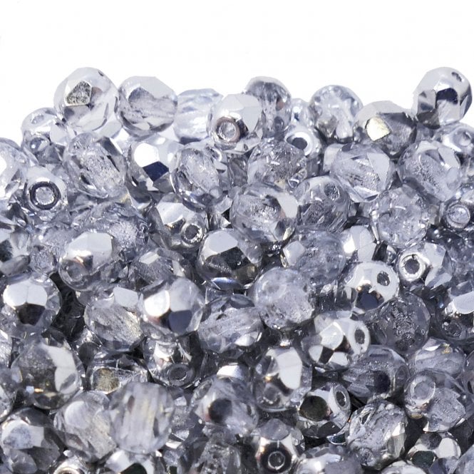 4mm Czech Faceted Round Glass Bead - Silver Half Coated - 50pk