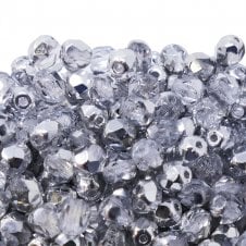 4mm Czech Faceted Round Glass Bead - Silver Half Coated - 50pk