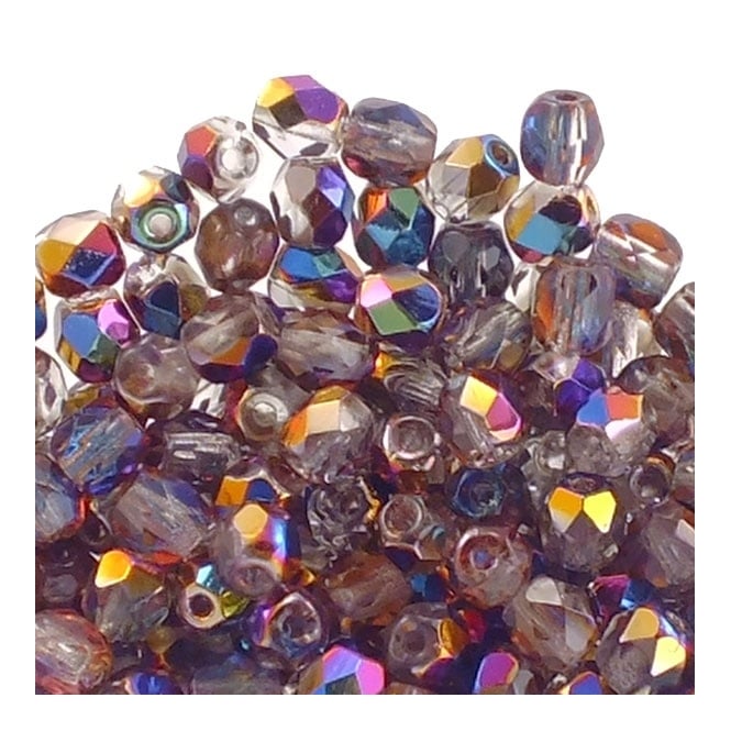 4mm Czech Faceted Round Glass Bead - Vitex/Crystal - 50pk