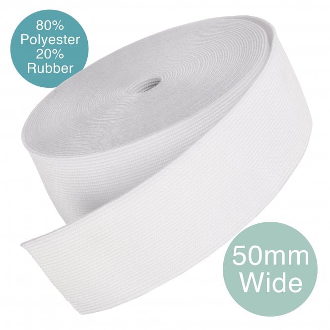 50mm (2 inch) Wide Flat Woven Elastic - White - 6 metre pack